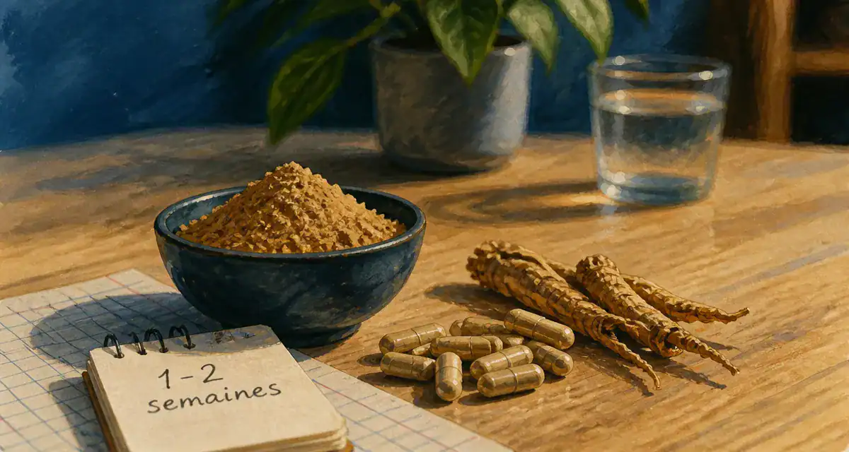Ashwagandha effet au bout de combien de temps : poudre, gélules, racine et calendrier 1-2 semaines