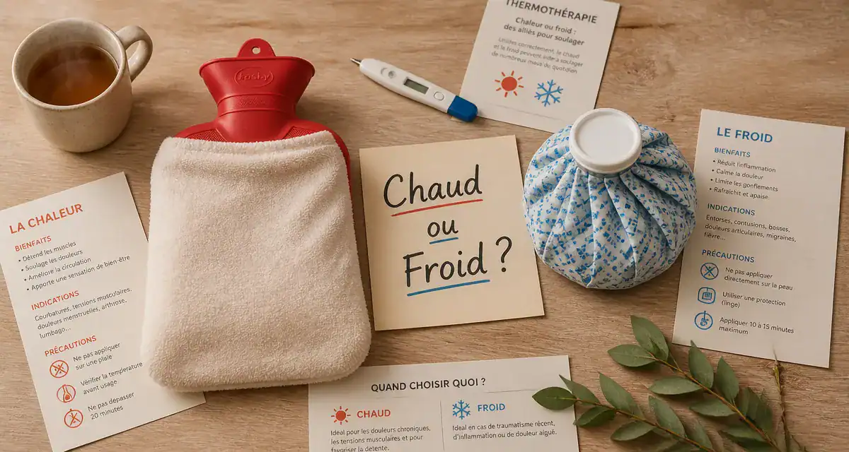 Chaud ou froid pour mal de dos, bouillotte et poche de glace sur table