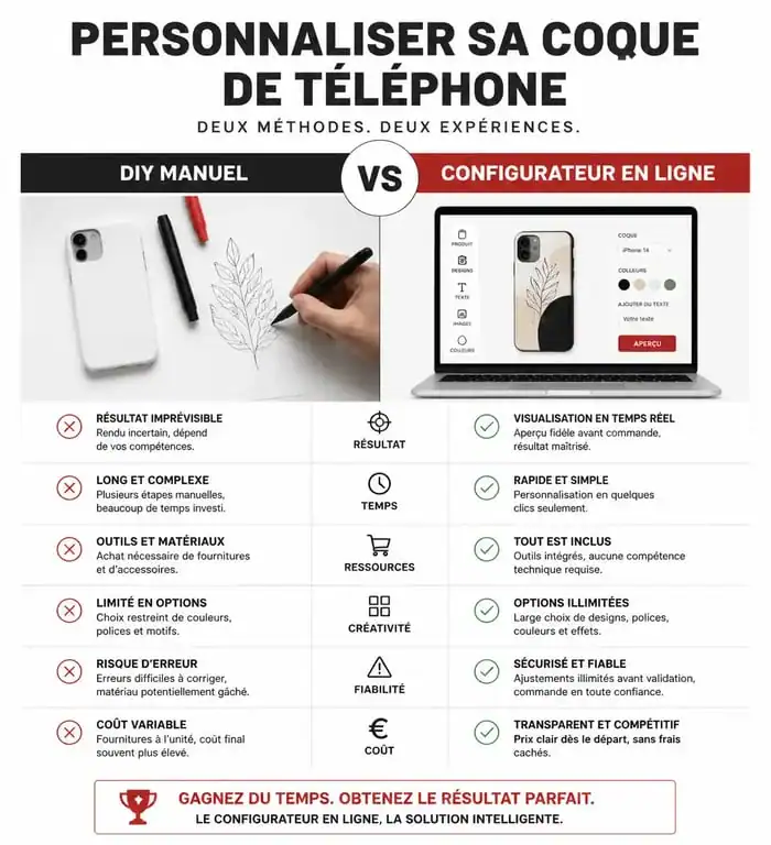 Infographie comparative pour personnaliser sa coque de téléphone transparente : DIY vs configurateur en ligne