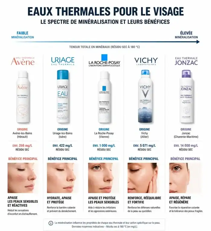 Infographie comparative des meilleures eaux thermales pour le visage selon le type de peau et la composition minérale