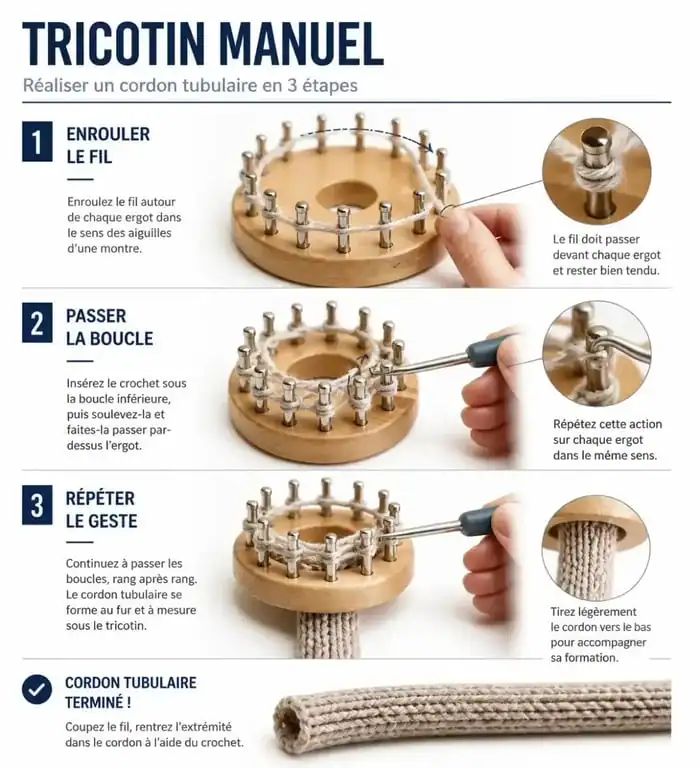 Étapes pour apprendre à utiliser un tricotin manuel et faire un cordon en laine