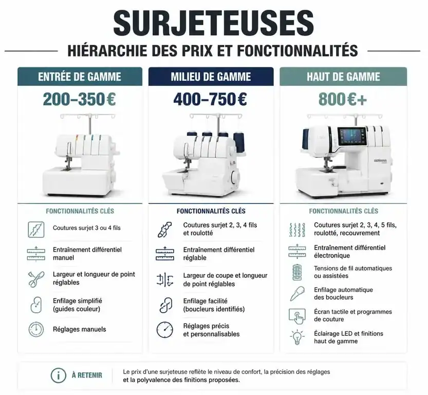 Infographie comparative des prix des surjeteuses selon les gammes et fonctionnalités