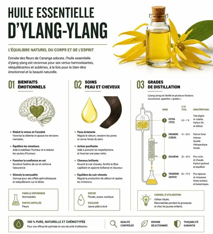 Infographie des bienfaits et usages de l'huile essentielle d'ylang-ylang pour la santé et la beauté