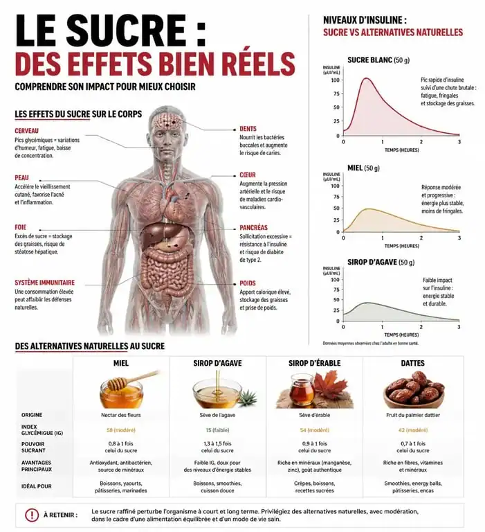 Infographie sur les effets du sucre sur la santé et conseils pour se désintoxiquer du sucre