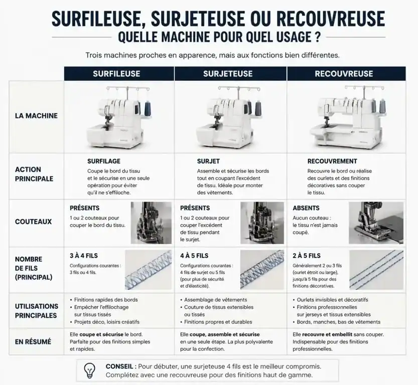 Tableau comparatif des machines à coudre : surfileuse, surjeteuse et recouvreuse