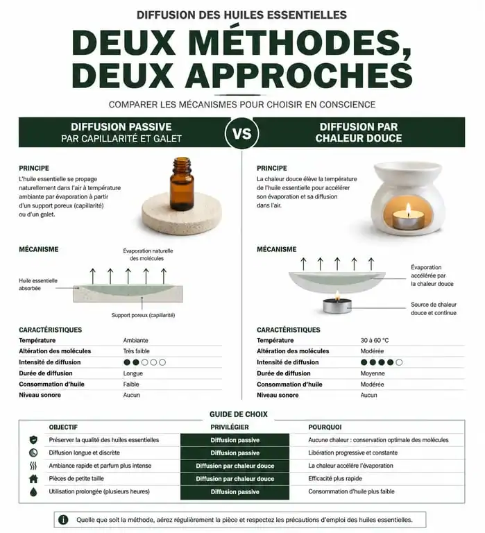 Infographie sur les différentes méthodes pour diffuser les huiles essentielles en toute sécurité