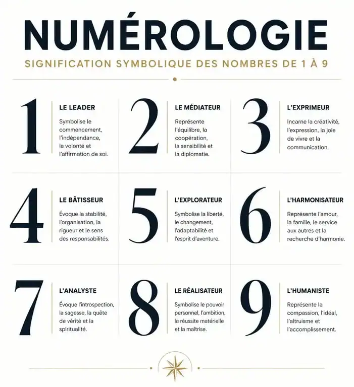 Infographie de la signification des nombres en numérologie de 1 à 9