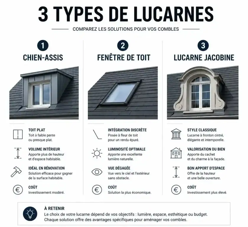 Comparatif visuel des types de lucarnes pour maison : chien-assis, fenêtre de toit et lucarne jacobine