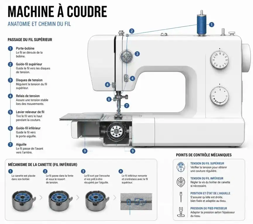 Schéma technique des points de contrôle d'une machine à coudre pour résoudre un problème de machine à coudre qui ne coud pas