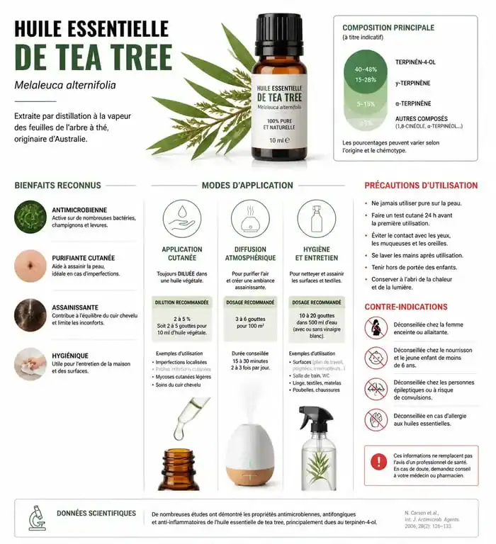 Infographie sur les utilisations et précautions de l'huile essentielle de tea tree