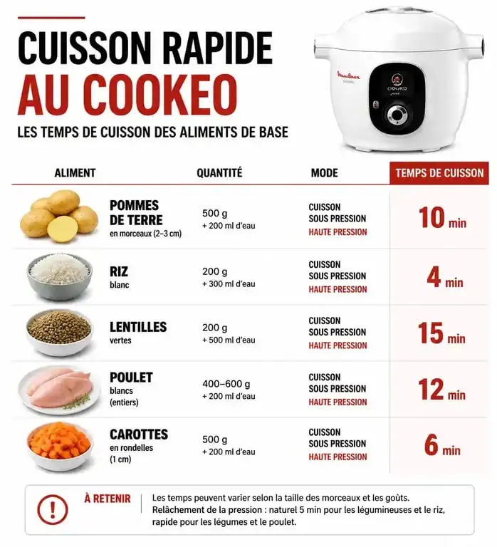 Infographie des temps de cuisson rapide au Cookeo pour les aliments courants