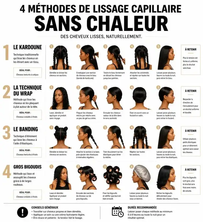 Infographie des méthodes pour lisser ses cheveux sans lisseur naturellement