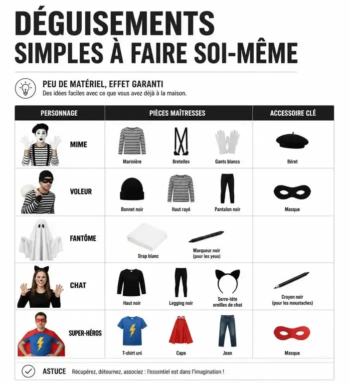 Infographie récapitulative de déguisements simples sans achat pour une fête ou un carnaval