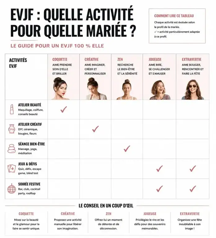 Tableau comparatif des activités EVJF selon le profil de la mariée
