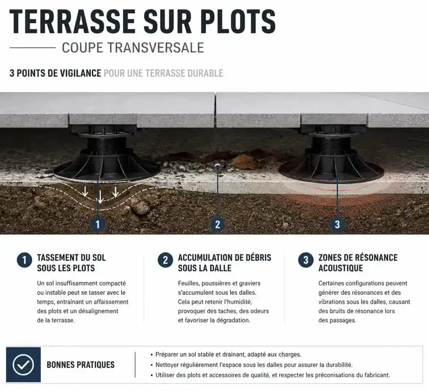 Schéma des points de vigilance et inconvénients d'une terrasse sur plots