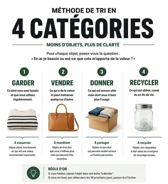 Infographie de la méthode de tri pour vider mon grenier : garder, vendre, donner ou recycler