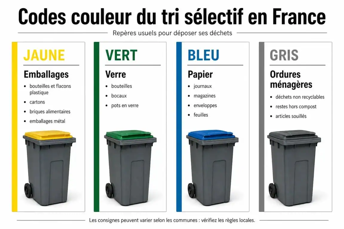 Infographie des couleurs des poubelles de tri sélectif en France pour le recyclage des déchets