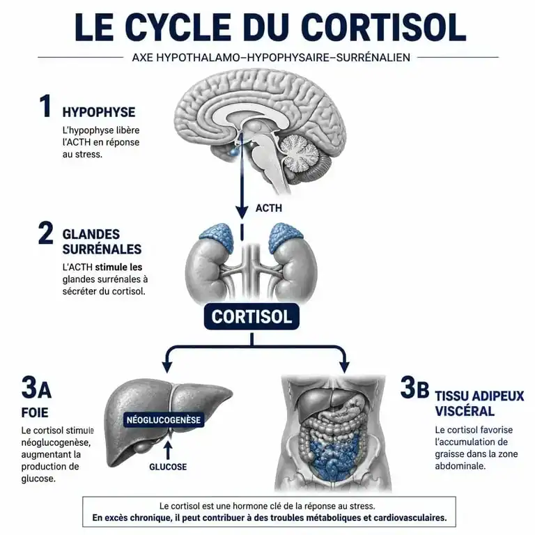 Schéma explicatif du lien entre taux de cortisol élevé et ventre gonflé