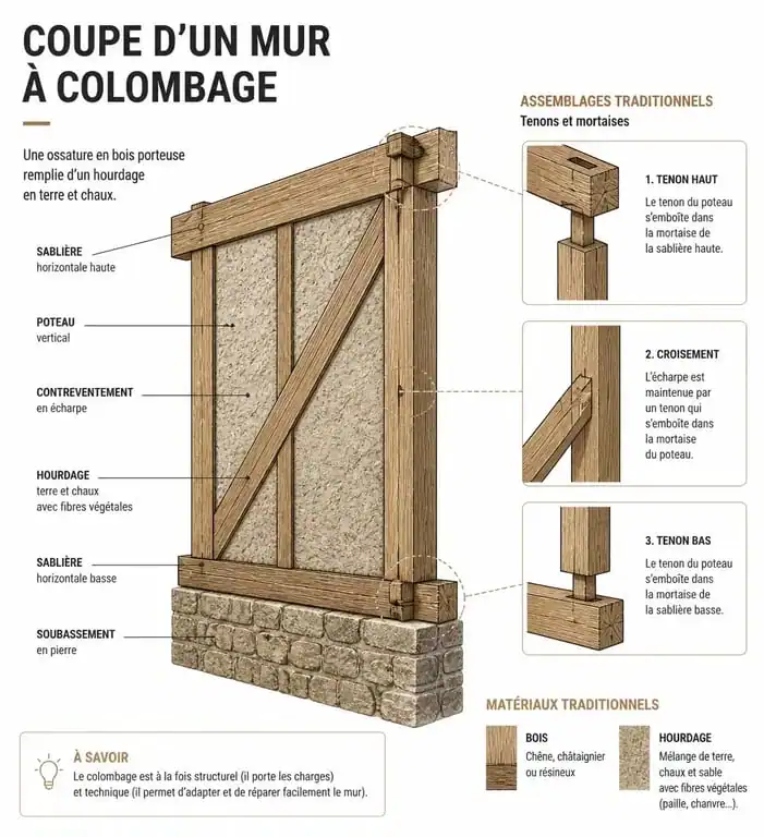 Schéma technique d'une coupe de mur à colombage montrant l'ossature bois et le hourdage
