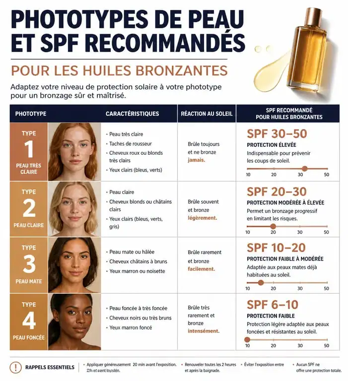 Infographie sur le choix de la meilleure huile pour bronzer selon le phototype de peau et l'indice SPF recommandé