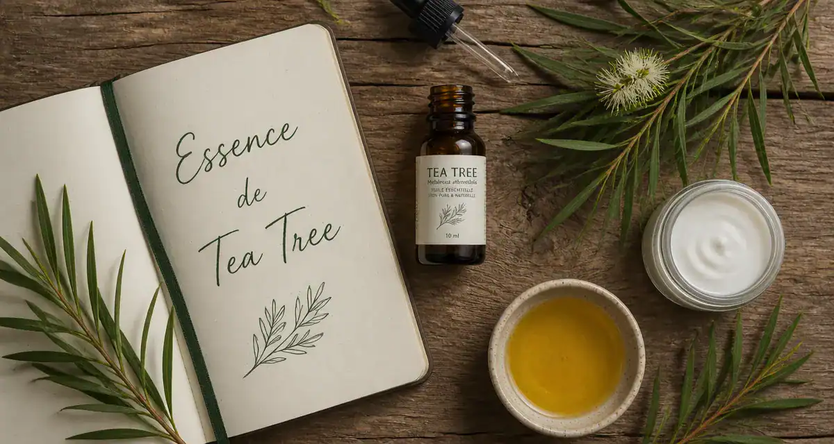 huile essentielle tea tree utilisation flacon et feuilles