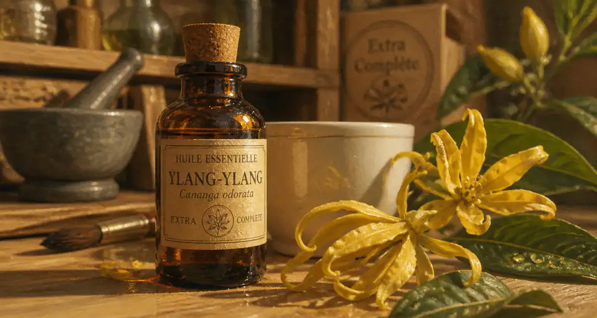 huile essentielle ylang ylang bienfaits, flacon ambré et fleurs d’ylang-ylang