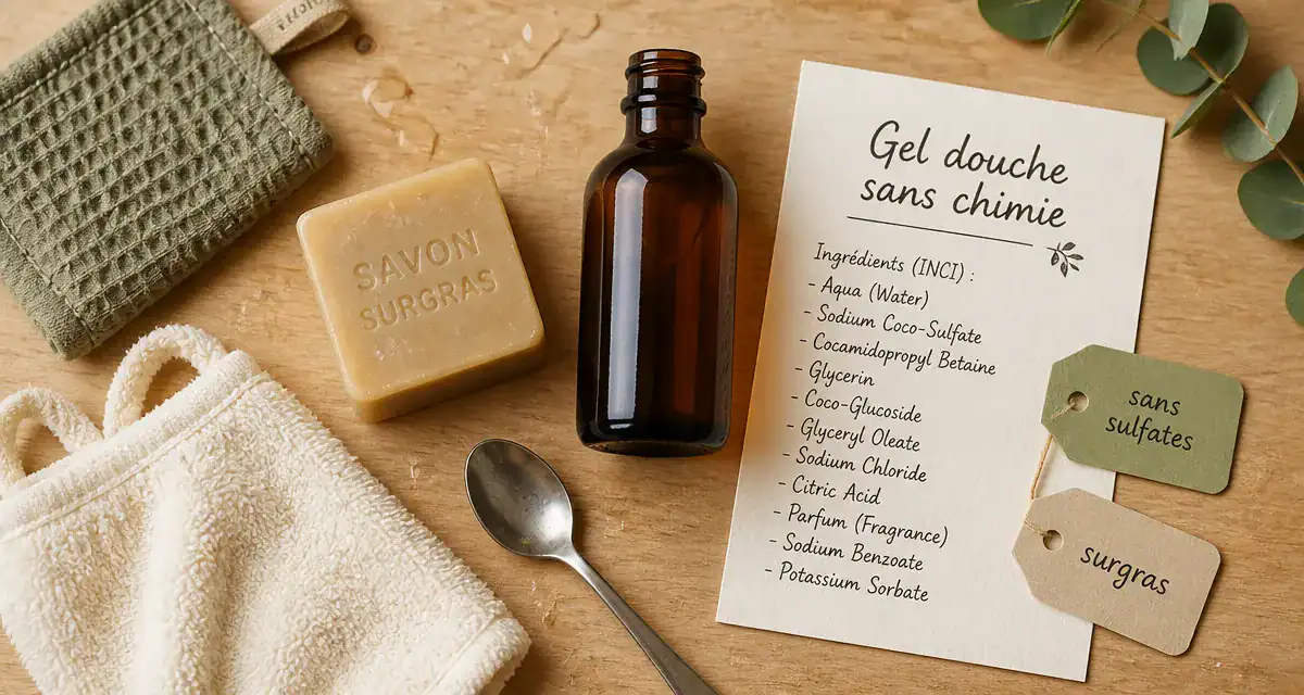Meilleur gel douche sans produits chimiques : éponge, savon et étiquettes sur table bois