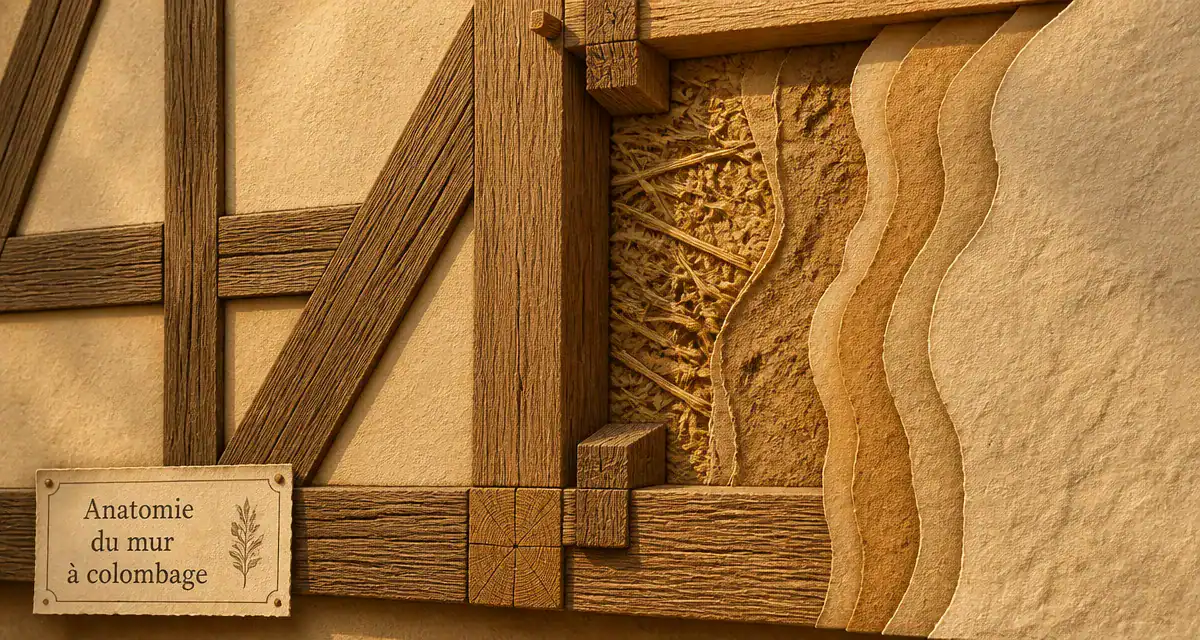Mur colombage en coupe ossature bois et torchis