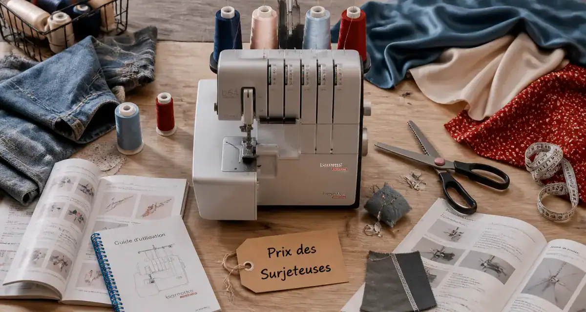 Surjeteuse prix et fournitures couture en flat-lay