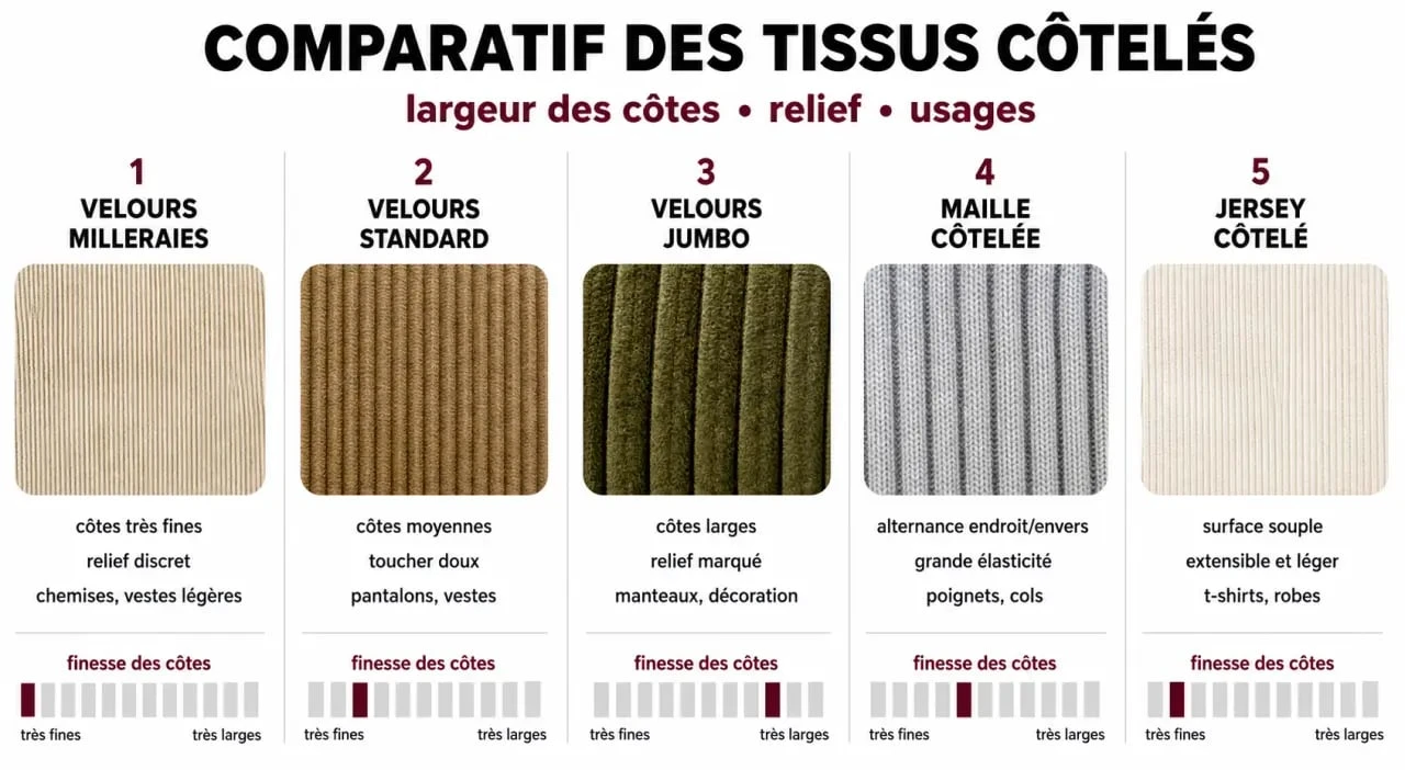 Comparatif visuel des différents types de matière côtelée : velours milleraies, standard, jumbo et mailles.
