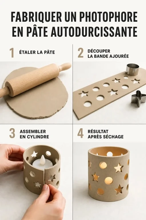 Photophore pate autodurcissante en étapes de fabrication et résultat final