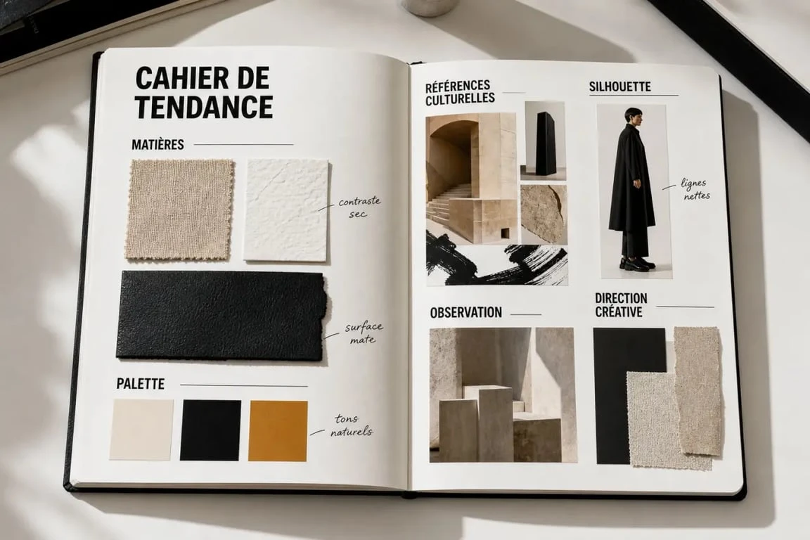 Cahier de tendance ouvert avec planches visuelles, palettes et matières