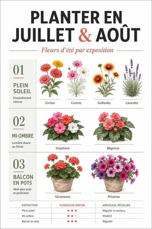 Que planter en juillet août fleurs : visuel éditorial des fleurs adaptées au plein soleil, à la mi-ombre et au balcon en plein été