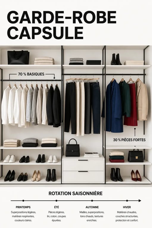 Comment composer une garde-robe capsule pour un style quotidien impeccable : dressing organisé avec pièces basiques, pièces fortes et rotation saisonnière
