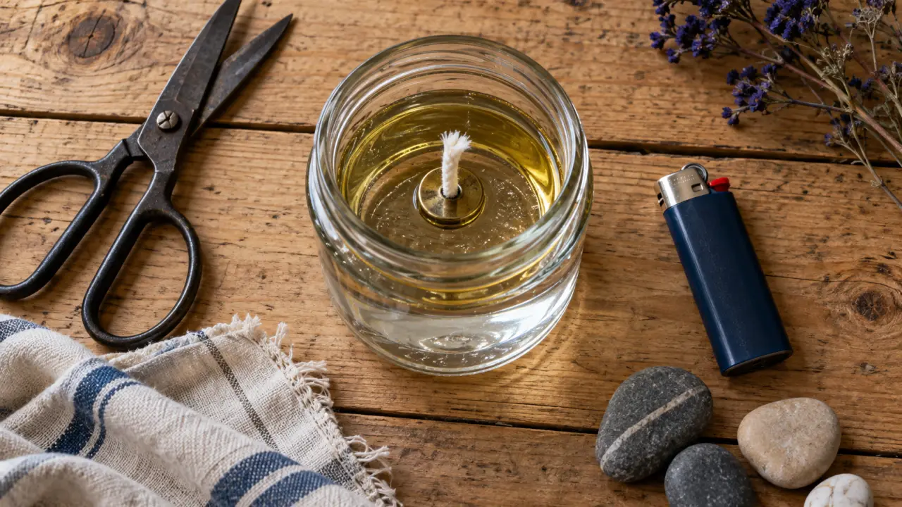 Comment faire une bougie sans cire, méthode à l’huile avec mèche réglée, bocal d’eau