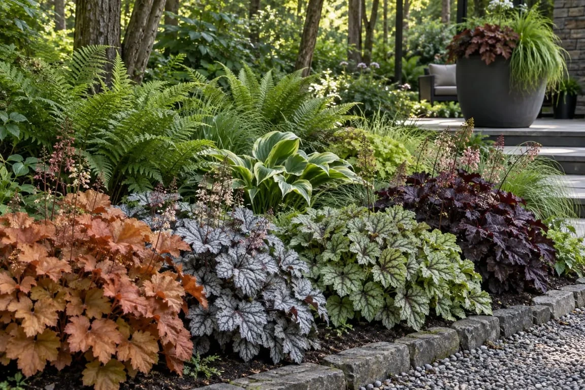 Composition de jardin avec les plus belles heuchères en massif et en pot