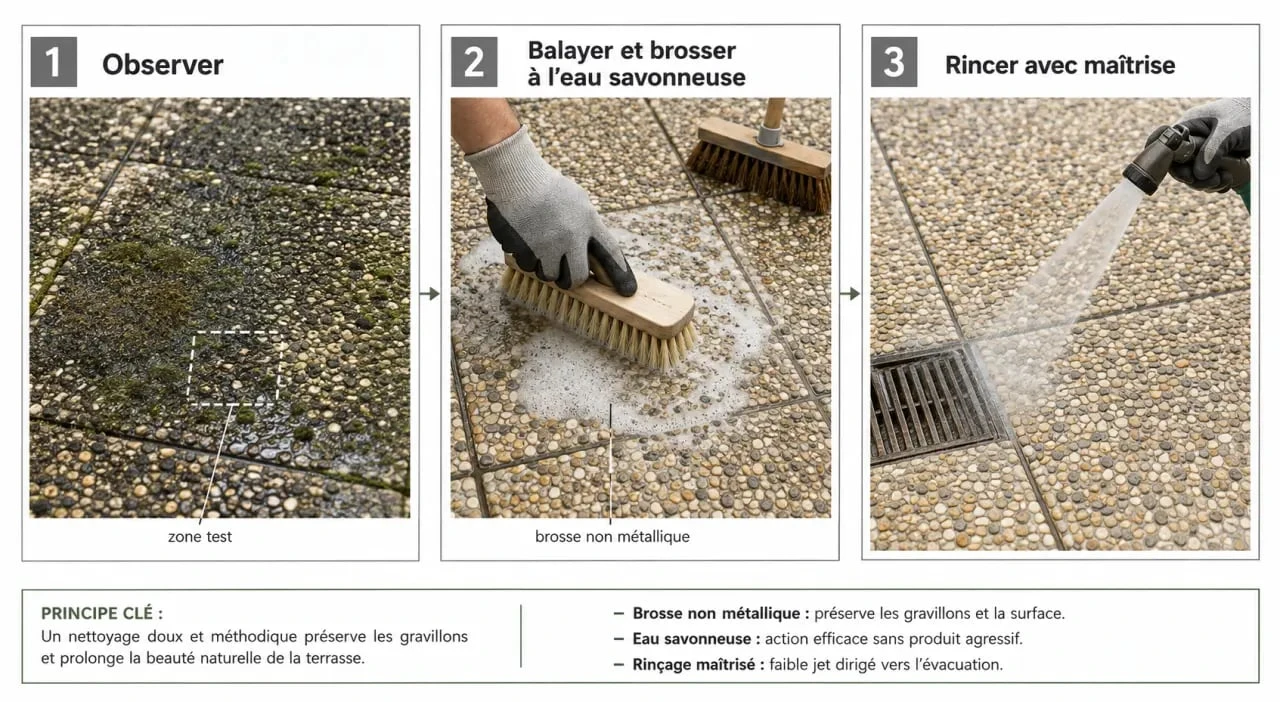 Illustration des étapes pour nettoyer des dalles gravillonnées noircies avec une méthode douce