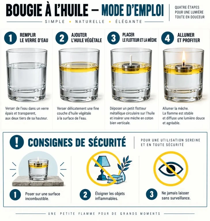 Étapes pour faire une bougie sans cire avec de l’huile, de l’eau et une mèche en coton