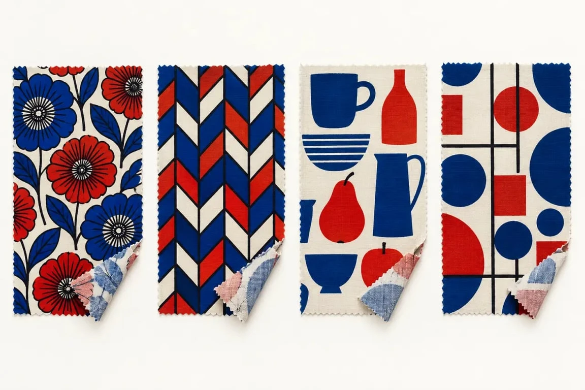 Motifs wax floraux, géométriques, figuratifs et symboliques sur des échantillons de tissu