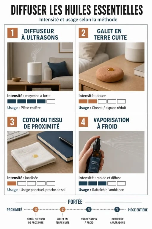 Comment diffuser huile essentielle : comparaison visuelle des méthodes avec diffuseur à ultrasons, galet, coton et vaporisation à froid
