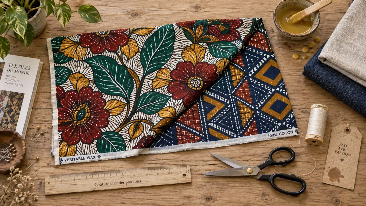 Motifs wax double face floral et géométrique sur tissu coton