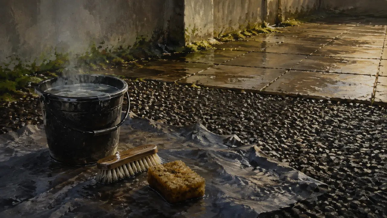 Nettoyer des dalles gravillonnées noircies avec brosse et eau chaude, sans arracher les gravillons
