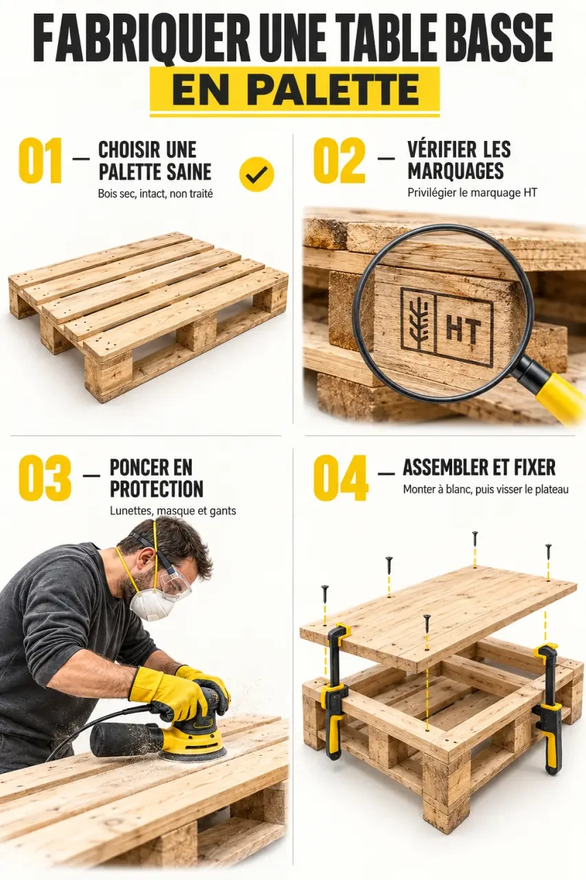 Étapes illustrées pour fabriquer meuble palette et assembler une table basse