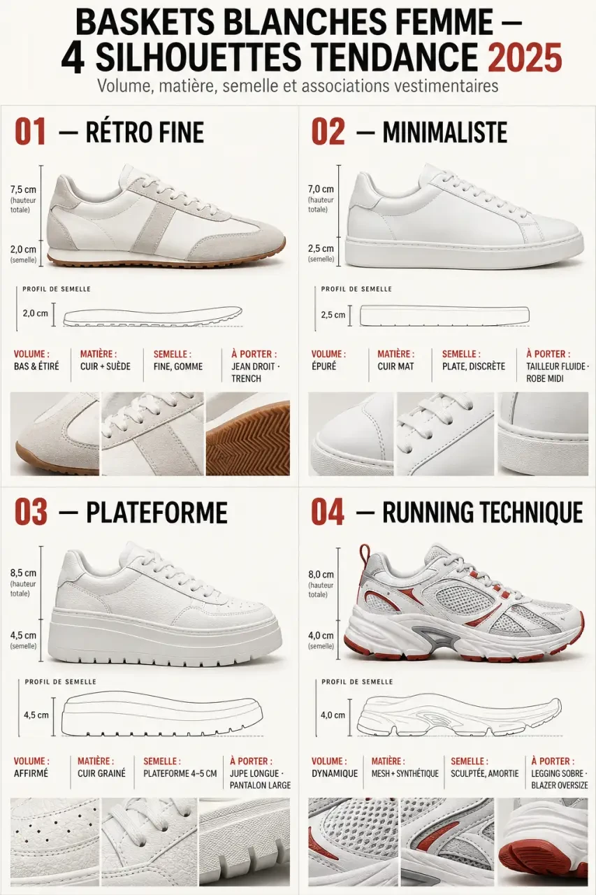 Infographie des baskets blanches femme tendance 2025 selon les silhouettes rétro, minimaliste, plateforme et running technique