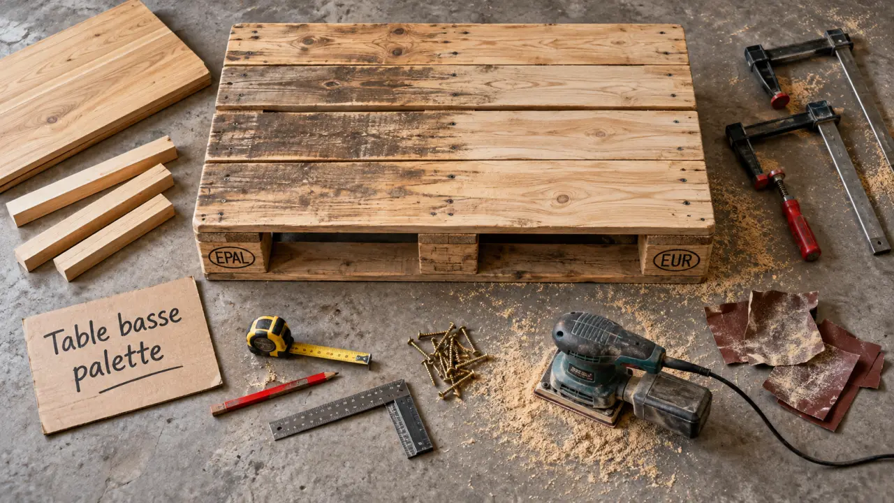 Fabriquer meuble palette : table basse en palette poncée et finie, vue de dessus